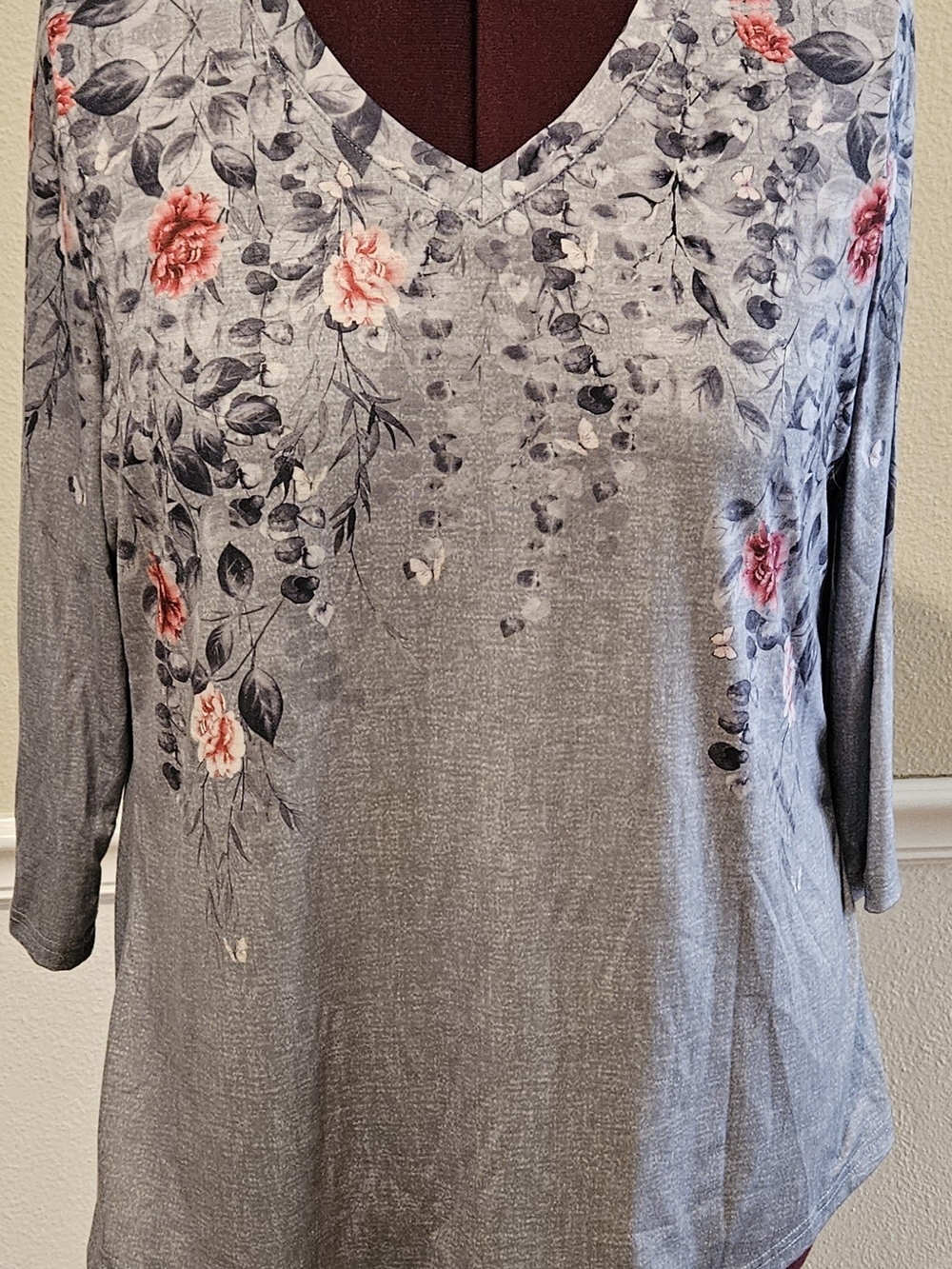 Grey Floral V-Neck Women's Top with Pink Accent